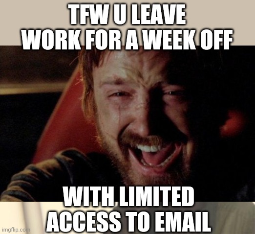 Week Off | TFW U LEAVE WORK FOR A WEEK OFF; WITH LIMITED ACCESS TO EMAIL | image tagged in memes,breaking bad,vacation,work from home,lawyers | made w/ Imgflip meme maker
