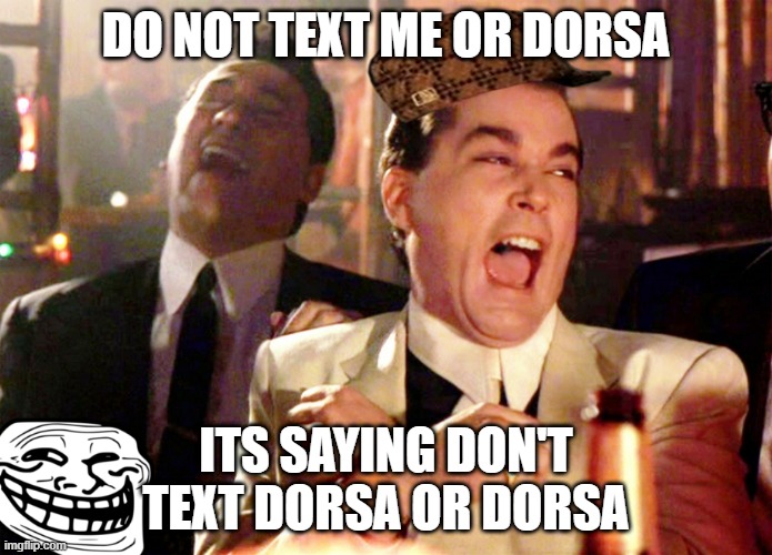 Meme that makes fun of my dumb ass classmate | DO NOT TEXT ME OR DORSA; ITS SAYING DON'T TEXT DORSA OR DORSA | image tagged in memes,good fellas hilarious | made w/ Imgflip meme maker