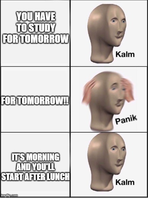 level 100 procrastination | YOU HAVE TO STUDY FOR TOMORROW; FOR TOMORROW!! IT'S MORNING AND YOU'LL START AFTER LUNCH | image tagged in kalm panik kalm,procrastination,school,meme | made w/ Imgflip meme maker