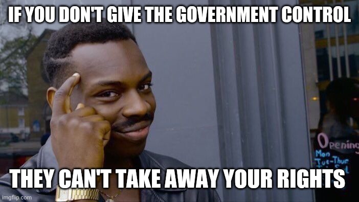 Roll Safe Think About It | IF YOU DON'T GIVE THE GOVERNMENT CONTROL; THEY CAN'T TAKE AWAY YOUR RIGHTS | image tagged in memes,roll safe think about it | made w/ Imgflip meme maker