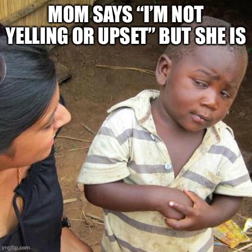 You are | MOM SAYS “I’M NOT YELLING OR UPSET” BUT SHE IS | image tagged in memes,third world skeptical kid | made w/ Imgflip meme maker