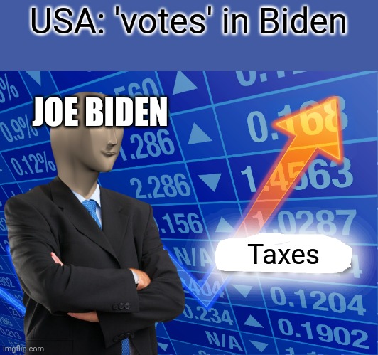 No seriously why? | USA: 'votes' in Biden; JOE BIDEN; Taxes | image tagged in empty stonks,why,biden,joe biden,taxes | made w/ Imgflip meme maker