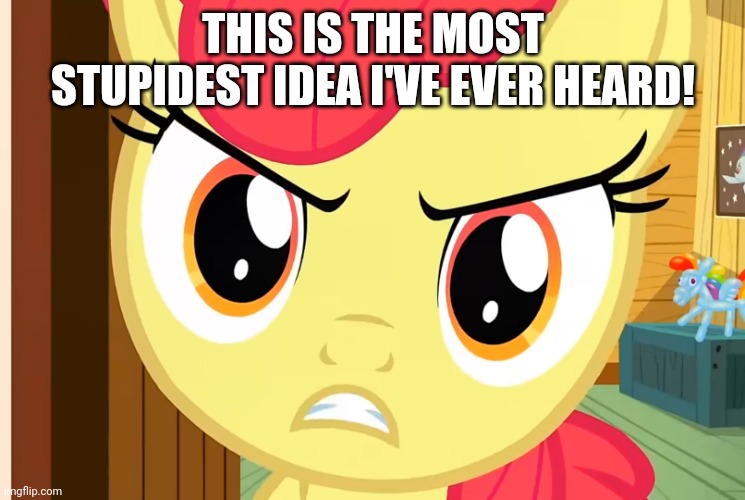 Apple Bloom is Pissed (MLP) | THIS IS THE MOST STUPIDEST IDEA I'VE EVER HEARD! | image tagged in apple bloom is pissed mlp | made w/ Imgflip meme maker