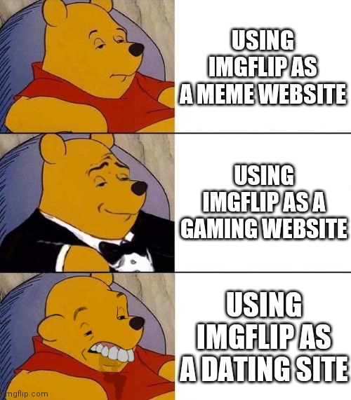 Best,Better, Blurst | USING IMGFLIP AS A MEME WEBSITE; USING IMGFLIP AS A GAMING WEBSITE; USING IMGFLIP AS A DATING SITE | image tagged in best better blurst | made w/ Imgflip meme maker