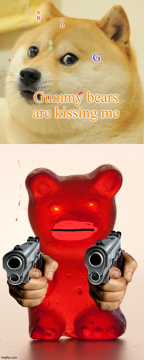 A

B; C
D; E
F; G; Gummy bears are kissing me | image tagged in memes,doge,yummy gummy bear | made w/ Imgflip meme maker