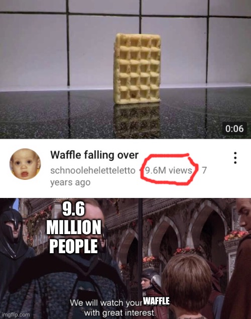 Waffles | 9.6 MILLION PEOPLE; WAFFLE | image tagged in we will watch your career with great interest | made w/ Imgflip meme maker