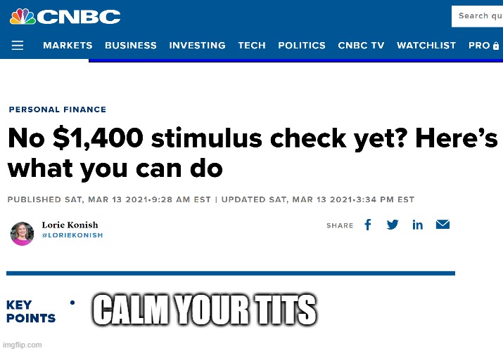 No Stimulus? | CALM YOUR TITS | image tagged in stimulus,stimmy | made w/ Imgflip meme maker