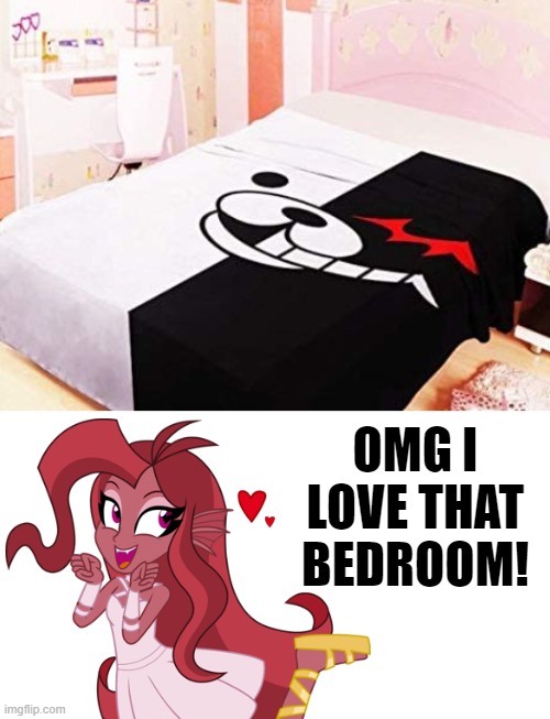 Wubcake loved Danganronpa Themed Hotel Room | OMG I LOVE THAT BEDROOM! | image tagged in danganronpa themed hotel room | made w/ Imgflip meme maker