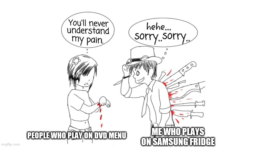 You’ll never understand my pain | ME WHO PLAYS ON SAMSUNG FRIDGE; PEOPLE WHO PLAY ON DVD MENU | image tagged in you ll never understand my pain | made w/ Imgflip meme maker