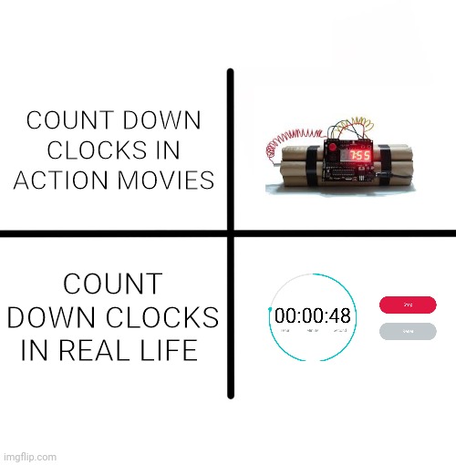 hey.. wait a minute |  COUNT DOWN CLOCKS IN ACTION MOVIES; COUNT DOWN CLOCKS IN REAL LIFE | image tagged in memes,blank starter pack | made w/ Imgflip meme maker