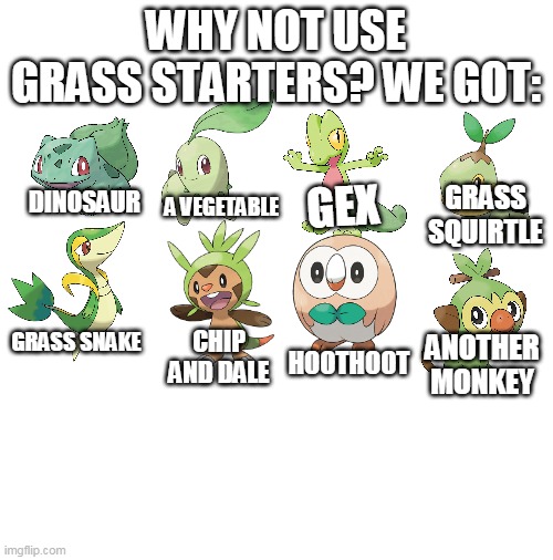 Grass starters be like (my version) | WHY NOT USE GRASS STARTERS? WE GOT:; GRASS SQUIRTLE; GEX; DINOSAUR; A VEGETABLE; GRASS SNAKE; CHIP AND DALE; ANOTHER MONKEY; HOOTHOOT | image tagged in blank white template,pokemon,funny,memes | made w/ Imgflip meme maker