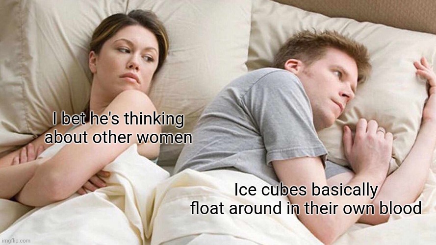 Ice cubes are so badass | I bet he's thinking about other women; Ice cubes basically float around in their own blood | image tagged in memes,i bet he's thinking about other women | made w/ Imgflip meme maker