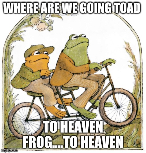 Frog and toad | WHERE ARE WE GOING TOAD; TO HEAVEN FROG....TO HEAVEN | image tagged in frog and toad | made w/ Imgflip meme maker