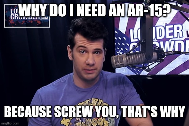 Steven Crowder | WHY DO I NEED AN AR-15? BECAUSE SCREW YOU, THAT'S WHY | image tagged in steven crowder | made w/ Imgflip meme maker