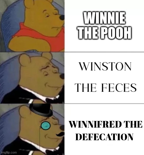Winnie The Pooh's Unprecedented Names | WINNIE THE POOH | image tagged in fancy pooh,tuxedo winnie the pooh,names,memes,pooh | made w/ Imgflip meme maker
