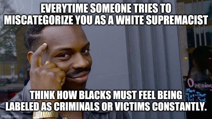 We are all individuals | EVERYTIME SOMEONE TRIES TO MISCATEGORIZE YOU AS A WHITE SUPREMACIST; THINK HOW BLACKS MUST FEEL BEING LABELED AS CRIMINALS OR VICTIMS CONSTANTLY. | image tagged in memes,roll safe think about it,white supremacy,racism | made w/ Imgflip meme maker