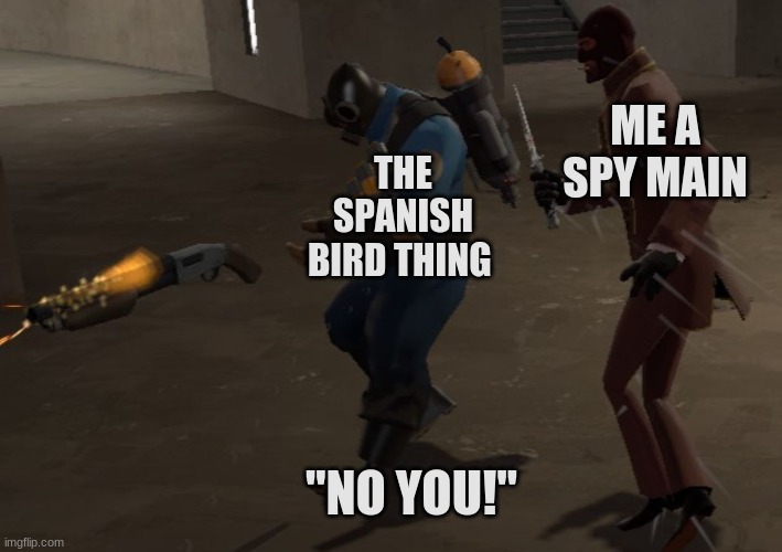 Spy Stabbing Pyro | ME A SPY MAIN THE SPANISH BIRD THING "NO YOU!" | image tagged in spy stabbing pyro | made w/ Imgflip meme maker