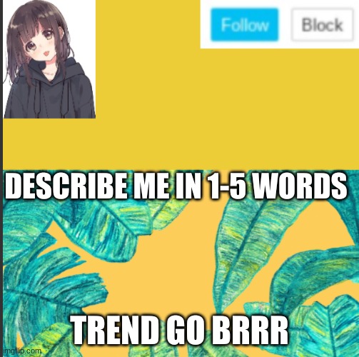DESCRIBE ME IN 1-5 WORDS; TREND GO BRRR | made w/ Imgflip meme maker