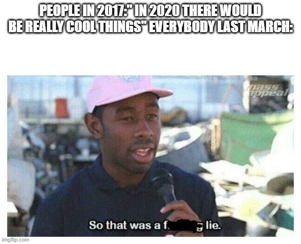 So That Was A F---ing Lie |  PEOPLE IN 2017:" IN 2020 THERE WOULD BE REALLY COOL THINGS" EVERYBODY LAST MARCH: | image tagged in so that was a f---ing lie | made w/ Imgflip meme maker