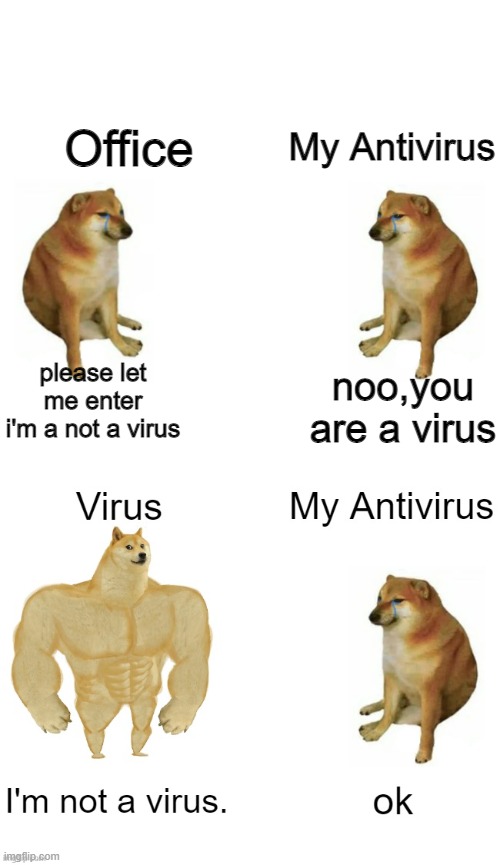 Office; My Antivirus; noo,you are a virus; please let me enter i'm a not a virus | image tagged in cheems vs cheems | made w/ Imgflip meme maker