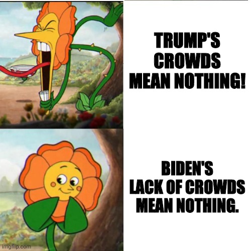 Cuphead Flower | TRUMP'S CROWDS MEAN NOTHING! BIDEN'S LACK OF CROWDS MEAN NOTHING. | image tagged in cuphead flower | made w/ Imgflip meme maker