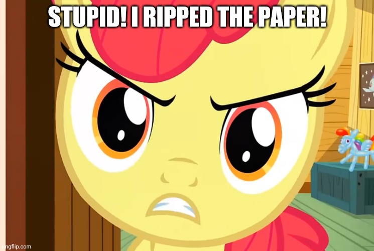 Apple Bloom is Pissed (MLP) | STUPID! I RIPPED THE PAPER! | image tagged in apple bloom is pissed mlp | made w/ Imgflip meme maker