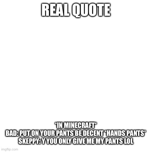 Blank Transparent Square | REAL QUOTE; *IN MINECRAFT*
BAD: PUT ON YOUR PANTS BE DECENT *HANDS PANTS*
SKEPPY: Y YOU ONLY GIVE ME MY PANTS LOL | image tagged in memes,blank transparent square | made w/ Imgflip meme maker