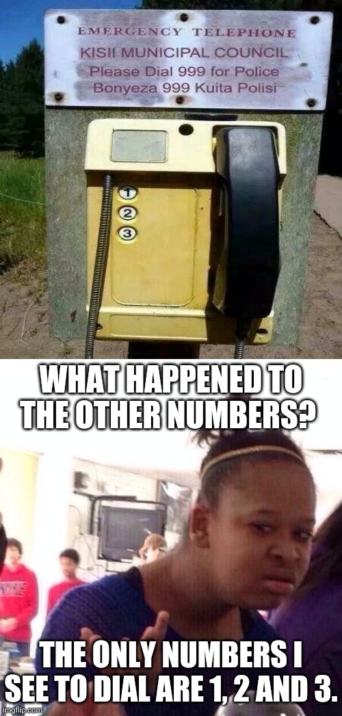 The numbers I see are 1, 2, and 3 to dial. | WHAT HAPPENED TO THE OTHER NUMBERS? THE ONLY NUMBERS I SEE TO DIAL ARE 1, 2 AND 3. | image tagged in memes,black girl wat,telephone,you had one job,meme,fails | made w/ Imgflip meme maker