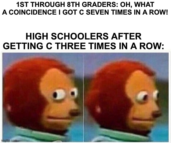 Tests be like: | 1ST THROUGH 8TH GRADERS: OH, WHAT A COINCIDENCE I GOT C SEVEN TIMES IN A ROW! HIGH SCHOOLERS AFTER GETTING C THREE TIMES IN A ROW: | image tagged in memes,monkey puppet | made w/ Imgflip meme maker