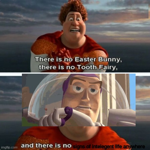 TIGHTEN MEGAMIND "THERE IS NO EASTER BUNNY" | signs of intelegent life anywhere | image tagged in tighten megamind there is no easter bunny,toy story,funny,memes | made w/ Imgflip meme maker