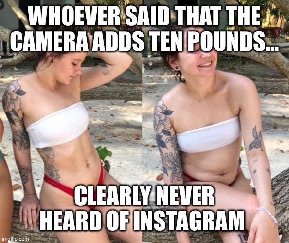 Camera takes away ten pounds | WHOEVER SAID THAT THE CAMERA ADDS TEN POUNDS... CLEARLY NEVER HEARD OF INSTAGRAM | image tagged in insta vs reality | made w/ Imgflip meme maker