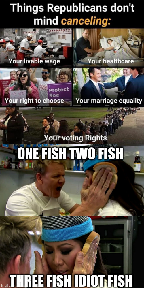 Its a Dr Seuss reference ... | ONE FISH TWO FISH; THREE FISH IDIOT FISH | image tagged in gordon ramsay idiot sandwich,dr seuss,conservative | made w/ Imgflip meme maker