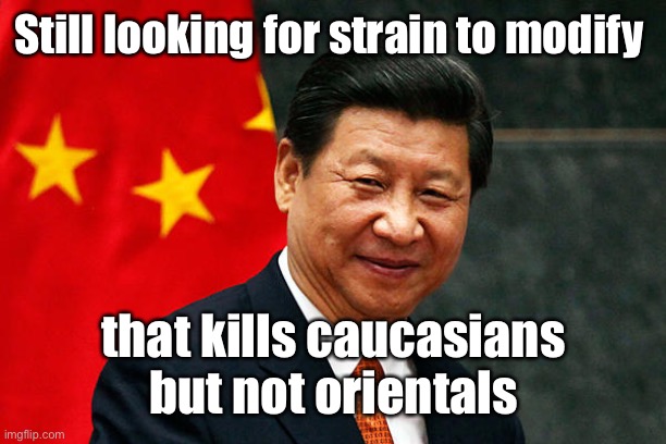 Xi Jinping | Still looking for strain to modify that kills caucasians but not orientals | image tagged in xi jinping | made w/ Imgflip meme maker