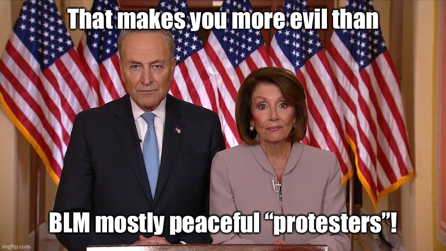 Chuck and Nancy | That makes you more evil than BLM mostly peaceful “protesters”! | image tagged in chuck and nancy | made w/ Imgflip meme maker