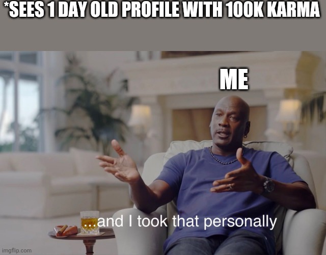 You know what it is | *SEES 1 DAY OLD PROFILE WITH 100K KARMA; ME | image tagged in and i took that personally | made w/ Imgflip meme maker