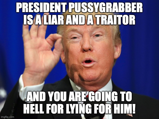 Trump grab em | PRESIDENT PUSSYGRABBER IS A LIAR AND A TRAITOR AND YOU ARE GOING TO HELL FOR LYING FOR HIM! | image tagged in trump grab em | made w/ Imgflip meme maker