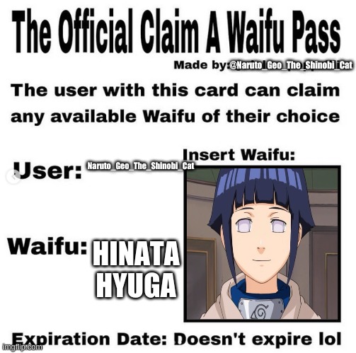 -4° Is a dude sitting on a toilet LMAO | @Naruto_Geo_The_Shinobi_Cat; Naruto_Geo_The_Shinobi_Cat; HINATA HYUGA | image tagged in official claim a waifu pass | made w/ Imgflip meme maker