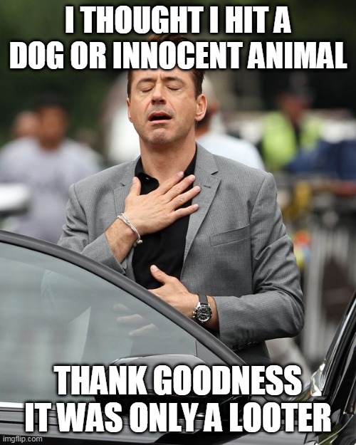 looters in Oklahoma | I THOUGHT I HIT A DOG OR INNOCENT ANIMAL; THANK GOODNESS IT WAS ONLY A LOOTER | image tagged in robert downey jr,looters,snowflakes | made w/ Imgflip meme maker