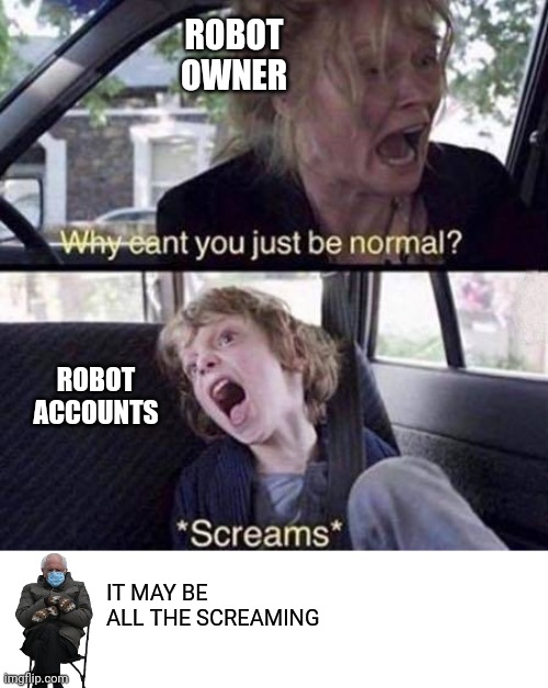state of the internet 2021 | ROBOT OWNER; ROBOT ACCOUNTS; IT MAY BE ALL THE SCREAMING | image tagged in why can't you just be normal | made w/ Imgflip meme maker