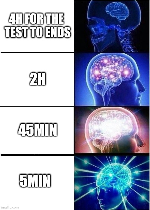 Expanding Brain Meme | 4H FOR THE  TEST TO ENDS; 2H; 45MIN; 5MIN | image tagged in memes,expanding brain | made w/ Imgflip meme maker