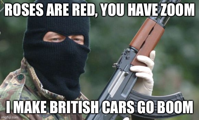 Meanwhile in Northern Ireland | ROSES ARE RED, YOU HAVE ZOOM; I MAKE BRITISH CARS GO BOOM | image tagged in ira terrorist,ireland,dark humor,roses are red,ira | made w/ Imgflip meme maker