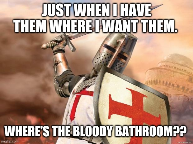 crusader | JUST WHEN I HAVE THEM WHERE I WANT THEM. WHERE'S THE BLOODY BATHROOM?? | image tagged in crusader | made w/ Imgflip meme maker