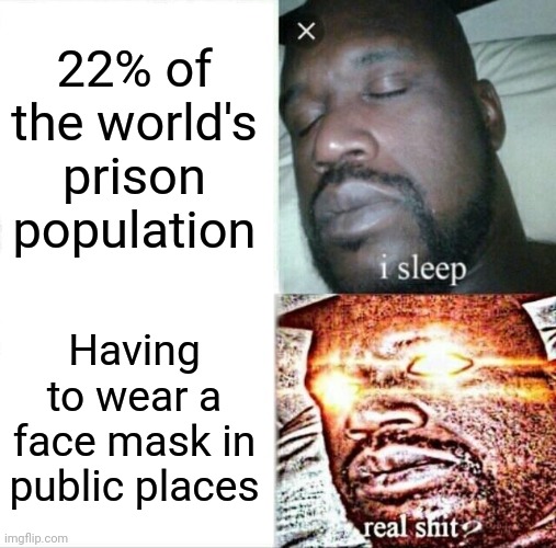 Sleeping Shaq Meme | 22% of the world's prison population Having to wear a face mask in public places | image tagged in memes,sleeping shaq | made w/ Imgflip meme maker