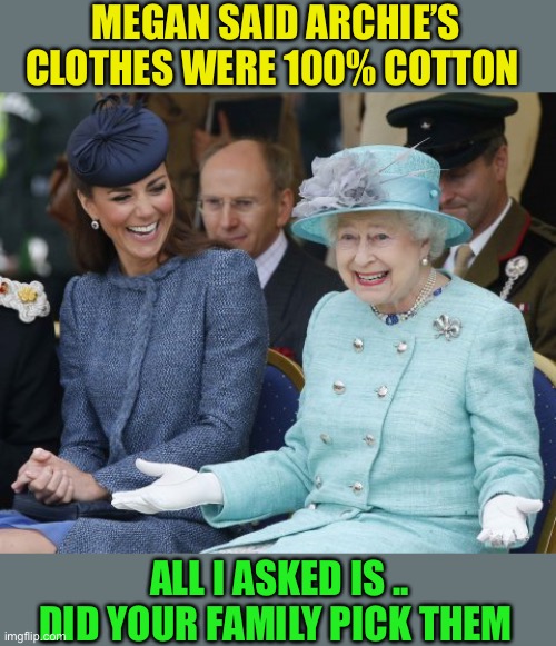 Southern discomfort.;-) | MEGAN SAID ARCHIE’S CLOTHES WERE 100% COTTON; ALL I ASKED IS .. DID YOUR FAMILY PICK THEM | image tagged in queen elizabeth so what,meghan markle,archie,cotton picking | made w/ Imgflip meme maker