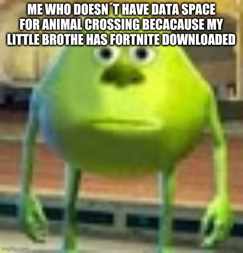 Sully Wazowski | ME WHO DOESN´T HAVE DATA SPACE FOR ANIMAL CROSSING BECACAUSE MY LITTLE BROTHE HAS FORTNITE DOWNLOADED | image tagged in sully wazowski | made w/ Imgflip meme maker