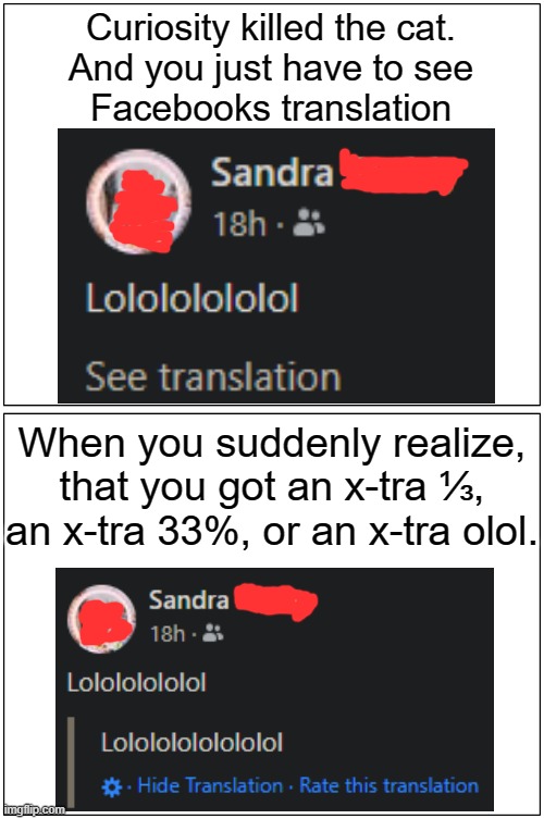 Not only Google doesn't know how to translate correctly | Curiosity killed the cat.
And you just have to see
Facebooks translation; When you suddenly realize,
that you got an x-tra ⅓, an x-tra 33%, or an x-tra olol. | image tagged in memes,funny,facebook,lost in translation,translation fail,google translate | made w/ Imgflip meme maker