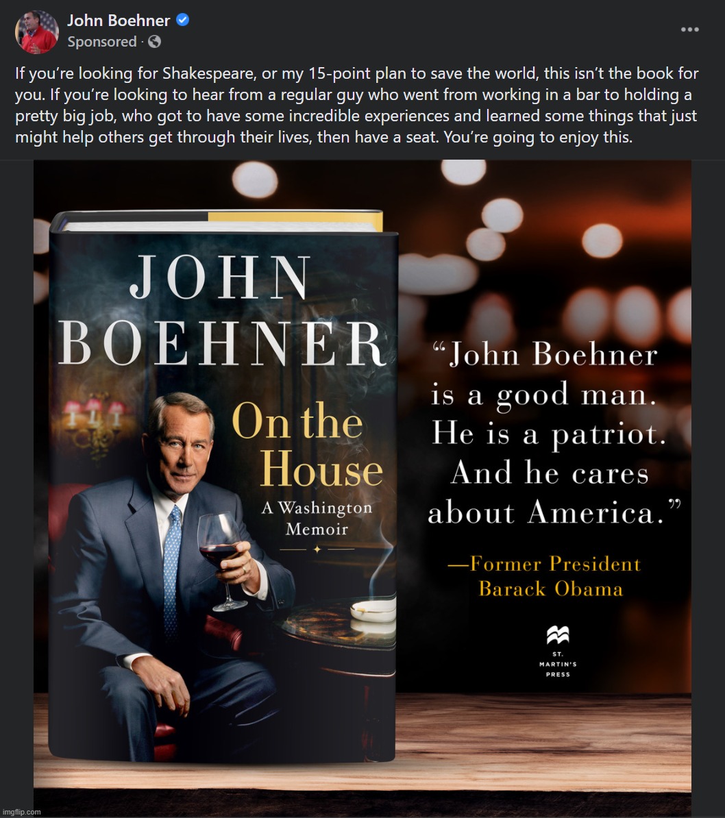 [This content was not sponsored.] | image tagged in john boehner on the house,john boehner,books,book,advertisement,advertising | made w/ Imgflip meme maker