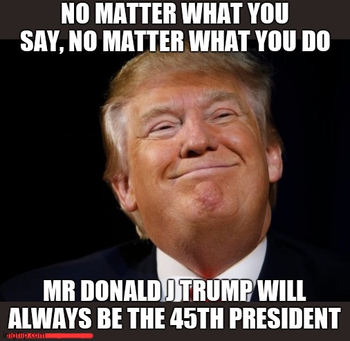 Smug Trump | NO MATTER WHAT YOU SAY, NO MATTER WHAT YOU DO MR DONALD J TRUMP WILL ALWAYS BE THE 45TH PRESIDENT | image tagged in smug trump | made w/ Imgflip meme maker