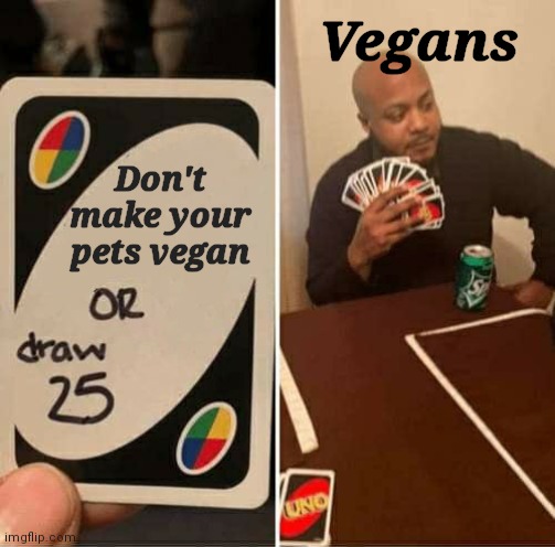 UNO Draw 25 Cards Meme | Don't make your pets vegan Vegans | image tagged in memes,uno draw 25 cards | made w/ Imgflip meme maker