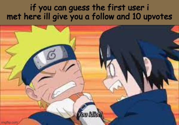 this should be easy | if you can guess the first user i met here ill give you a follow and 10 upvotes | image tagged in you idiot | made w/ Imgflip meme maker